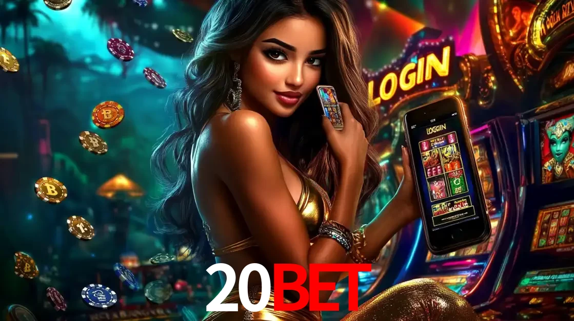 Mulher em um cenário de cassino temático de aventura, mostrando o app de caça-níqueis da 20BET no celular. Fichas de apostas flutuam ao redor.