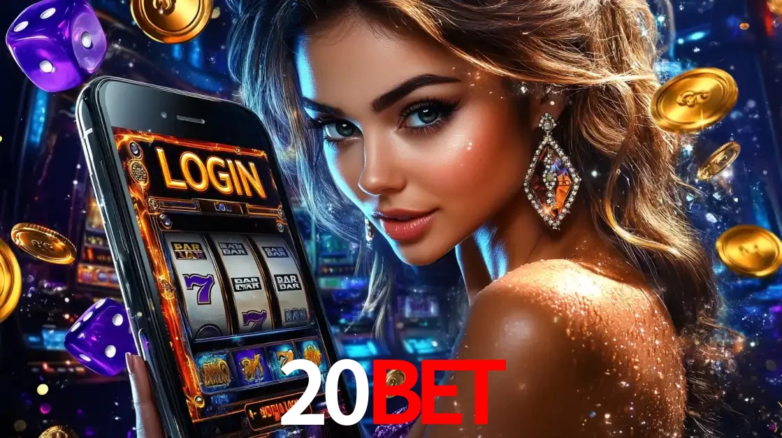 Mulher glamorosa segurando um smartphone com a tela de login para os jogos de caça-níqueis do cassino online 20BET, com moedas de ouro e dados ao redor.