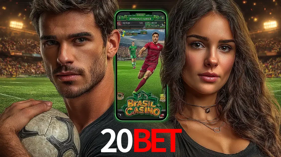 Homem segurando uma bola de futebol e uma mulher ao lado de um smartphone exibindo o jogo de apostas esportivas da 20BET. Faça seu palpite no cassino online.